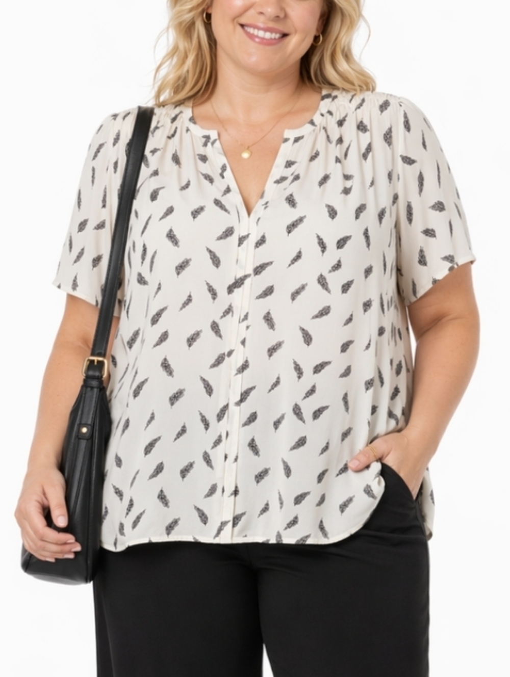 Monday Fun White Black & Pink Feather Print V Neck Pleated Shoulder Top Blouse